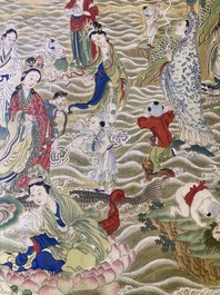 Chinese school, ink and color on canvas: 'Mountainous landscape with goddesses, mythical animals and boys', 19/20th C.